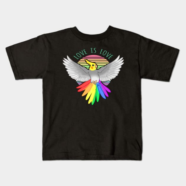 Love is Love - Rainbow Cockatiel Doodle Kids T-Shirt by FandomizedRose